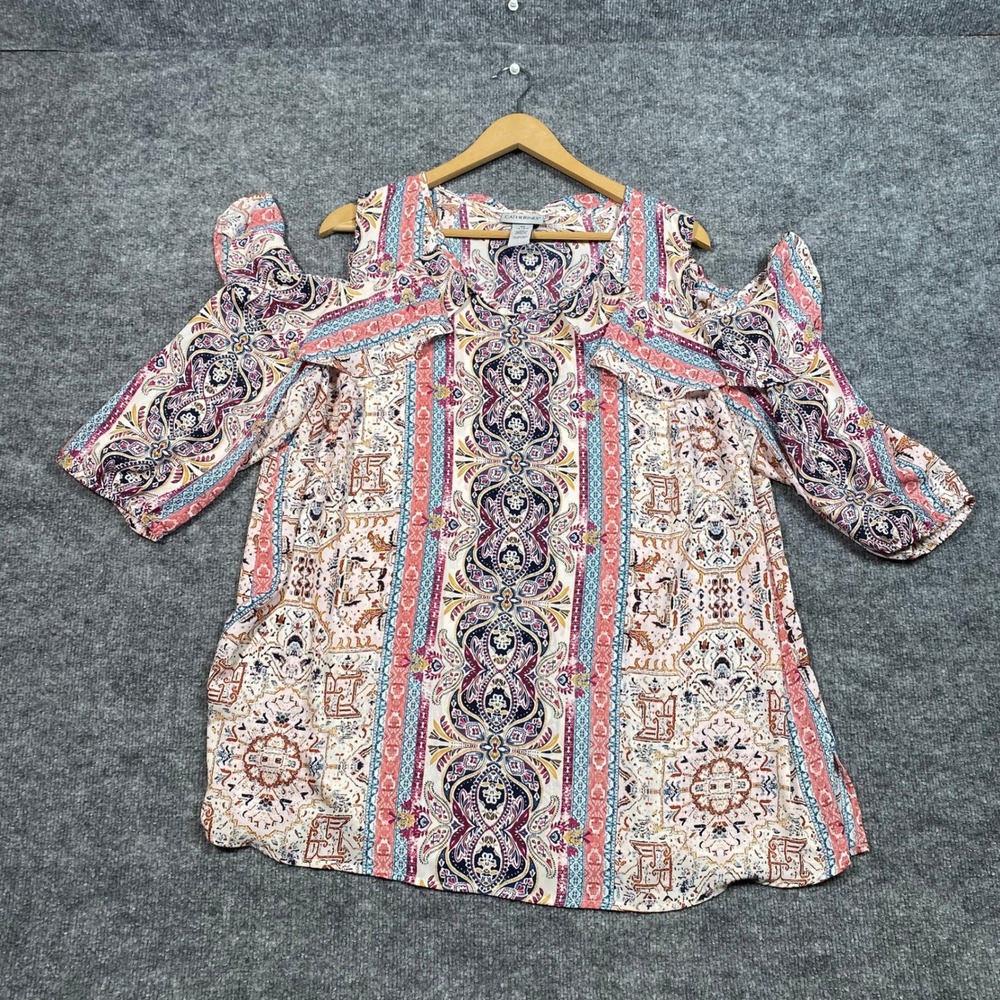 Catherines Womens 0X 14/16W Paisley Cold Shoulder Ruffle Blouse Multi-Color Boho